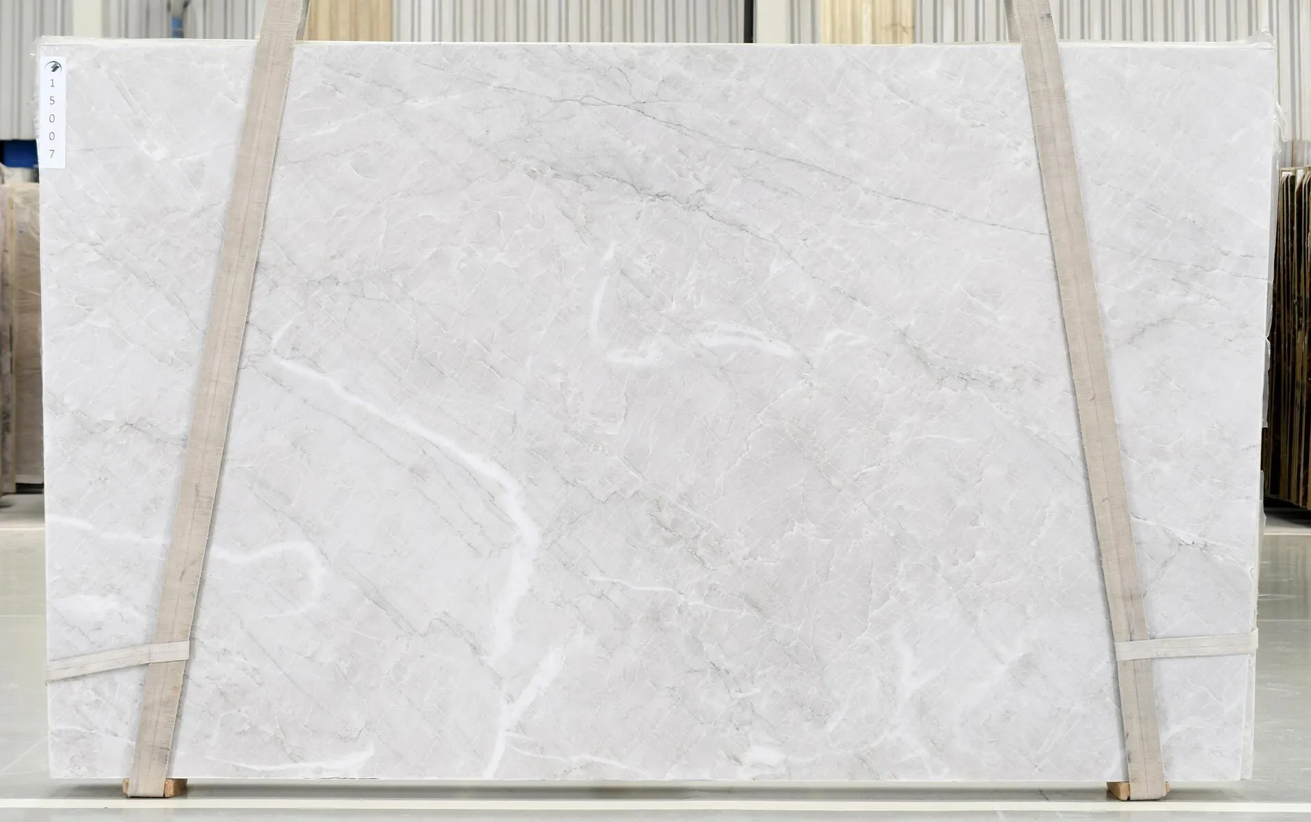 Closeup image of Perla Bianca Extra Grey Quartzite countertop slab