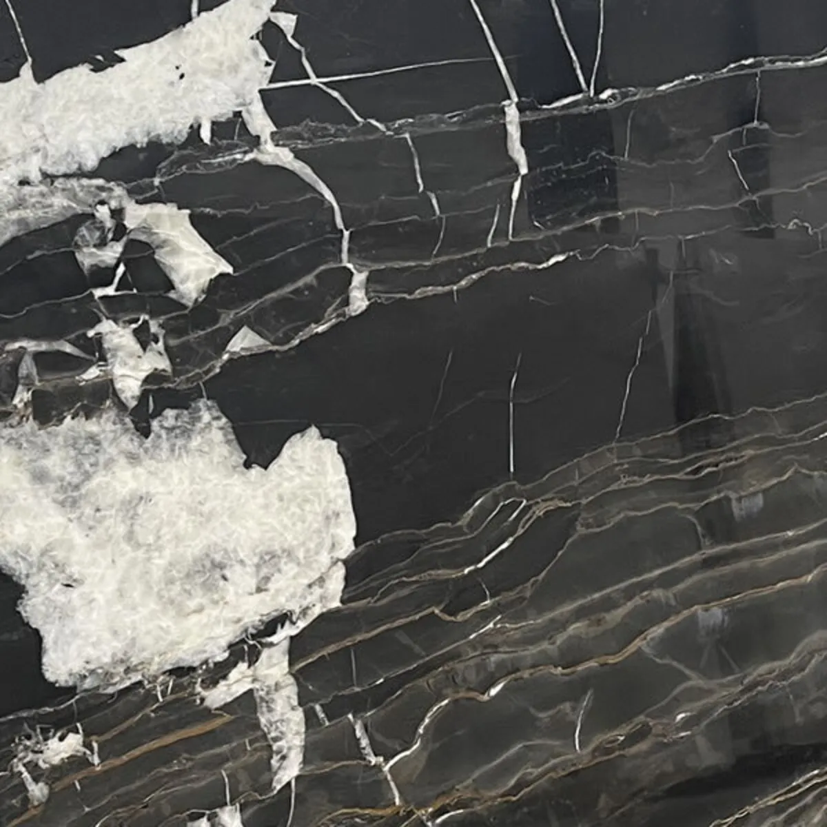 Closeup image of Enigma Black Marble countertop slab