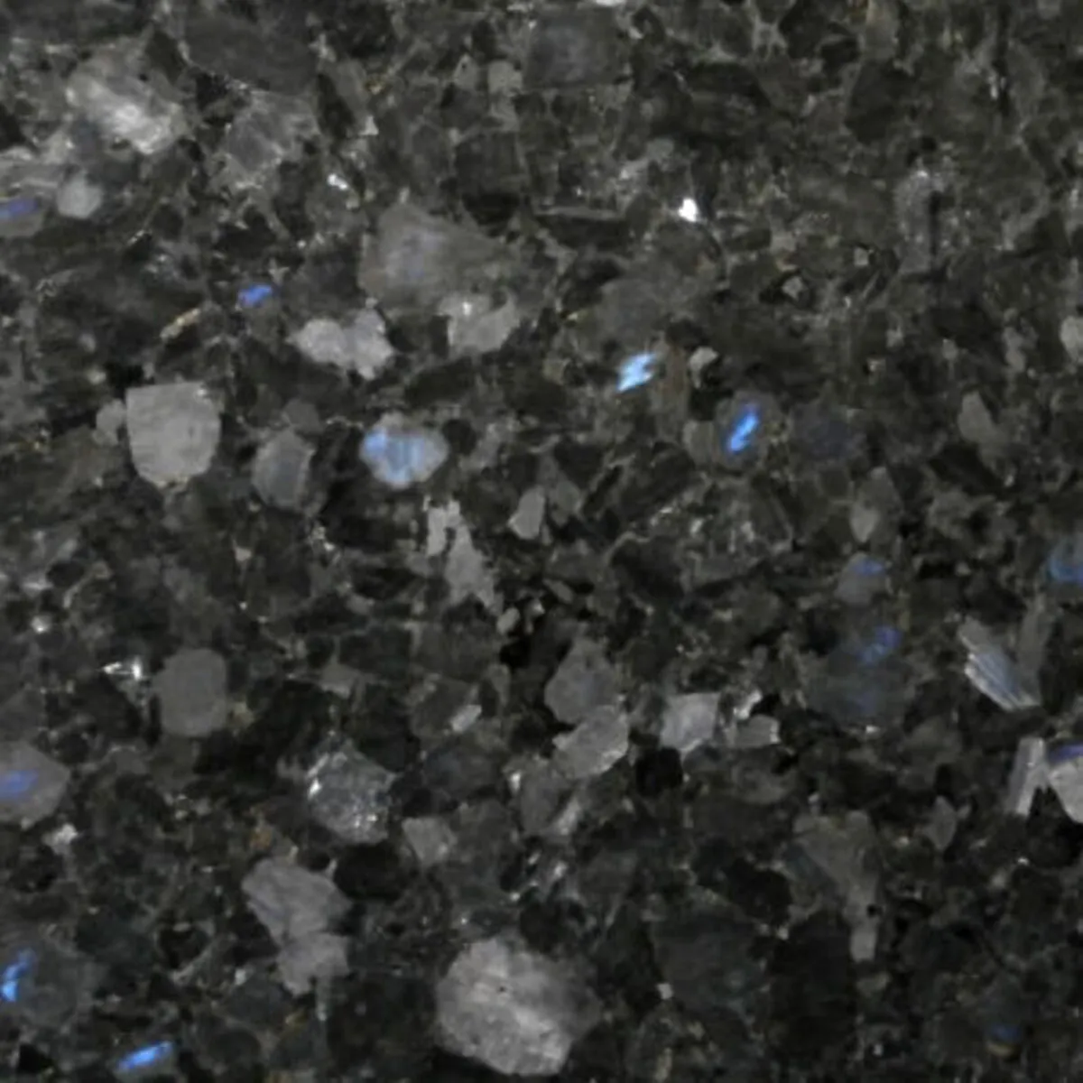 Closeup image of Volga Blue Extra Black Granite countertop slab