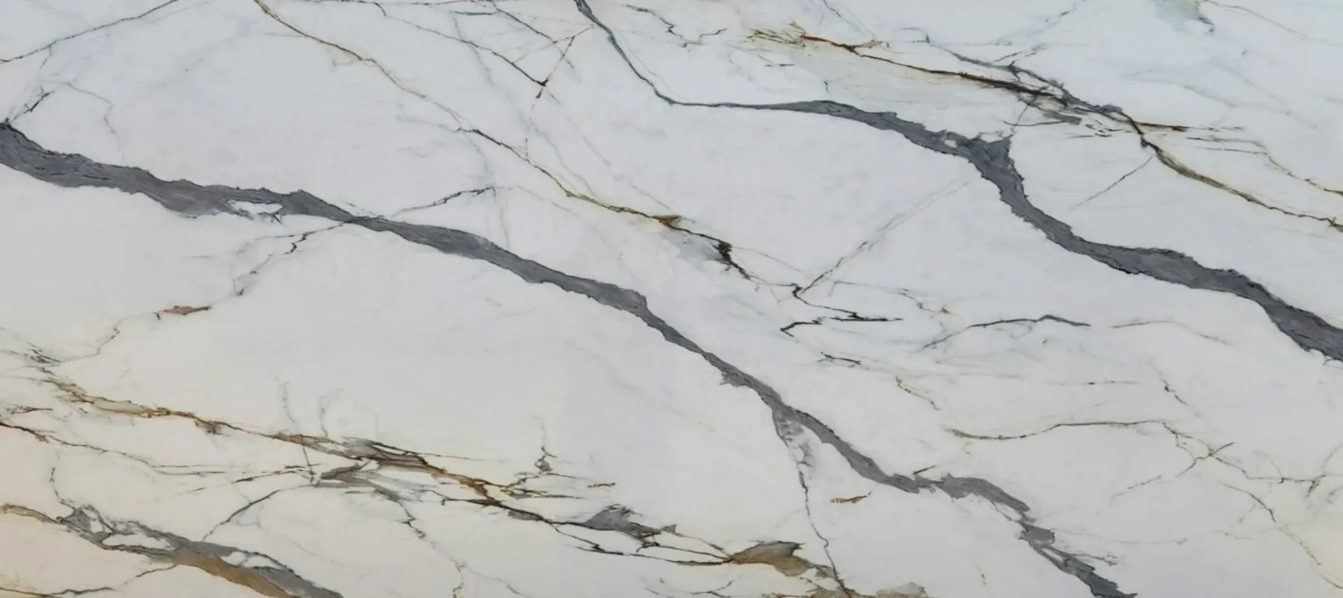 Closeup image of Opal Quartz Calacatta Borghini White Quartz countertop slab