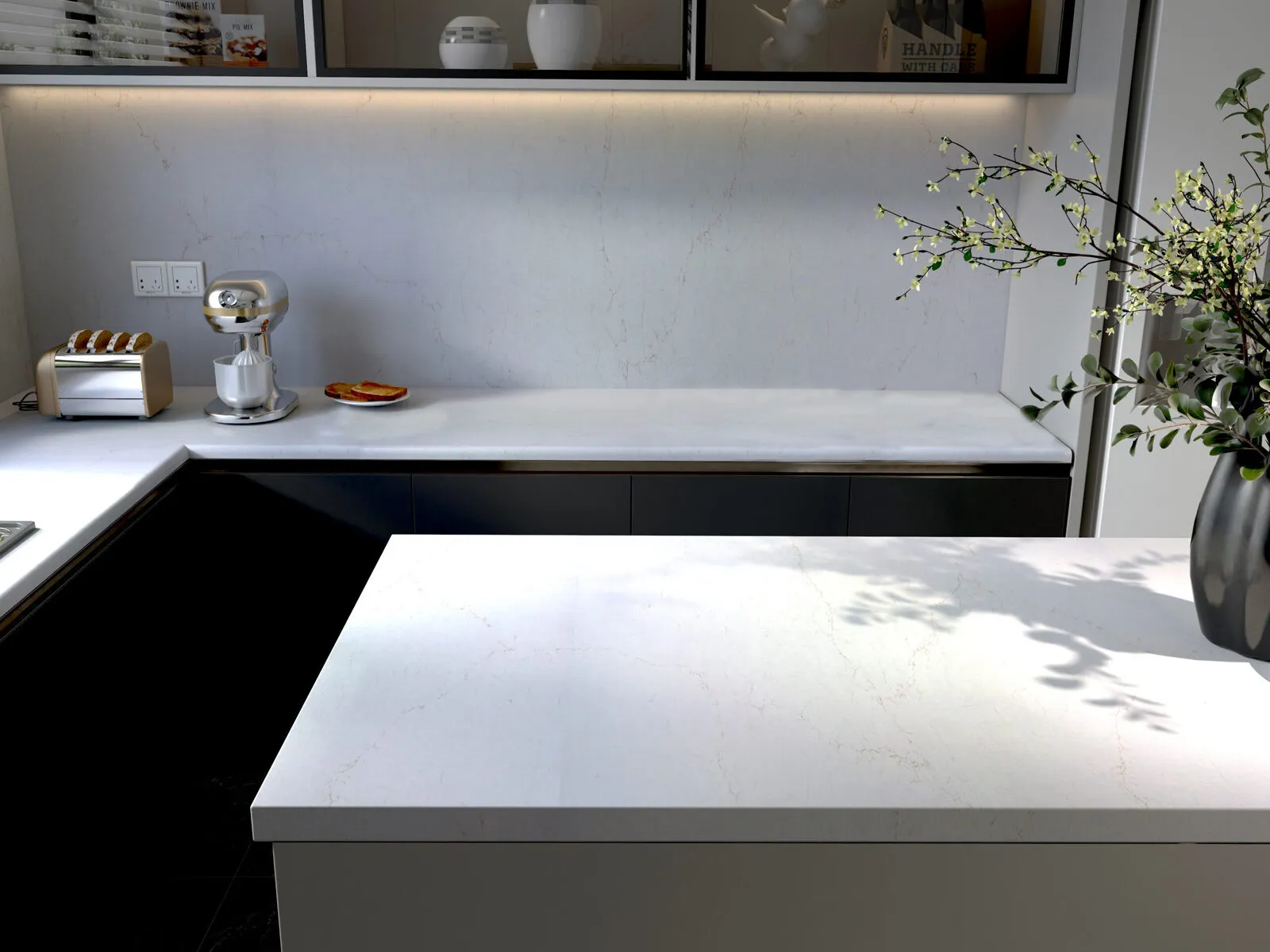 Image of installed Stratus Quartz Magnifico Gold White Quartz countertops