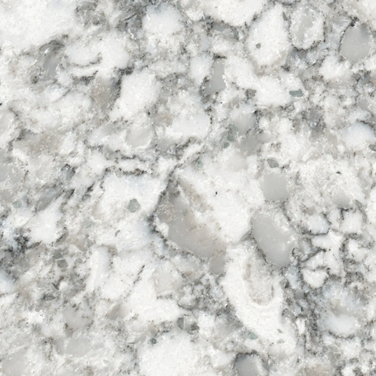 Closeup image of Viatera Everest White Quartz countertop slab