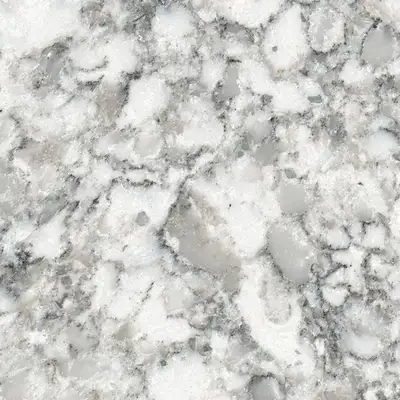 Closeup image of Viatera Everest White Quartz countertop slab