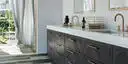 Image of installed ONE Quartz Surfaces Niagara White Quartz countertops