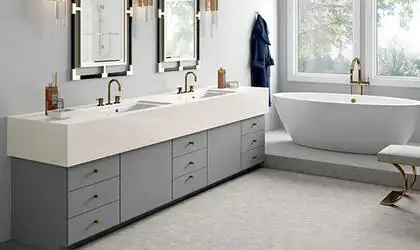 Image of installed ONE Quartz Surfaces Jasmine White White Quartz countertops