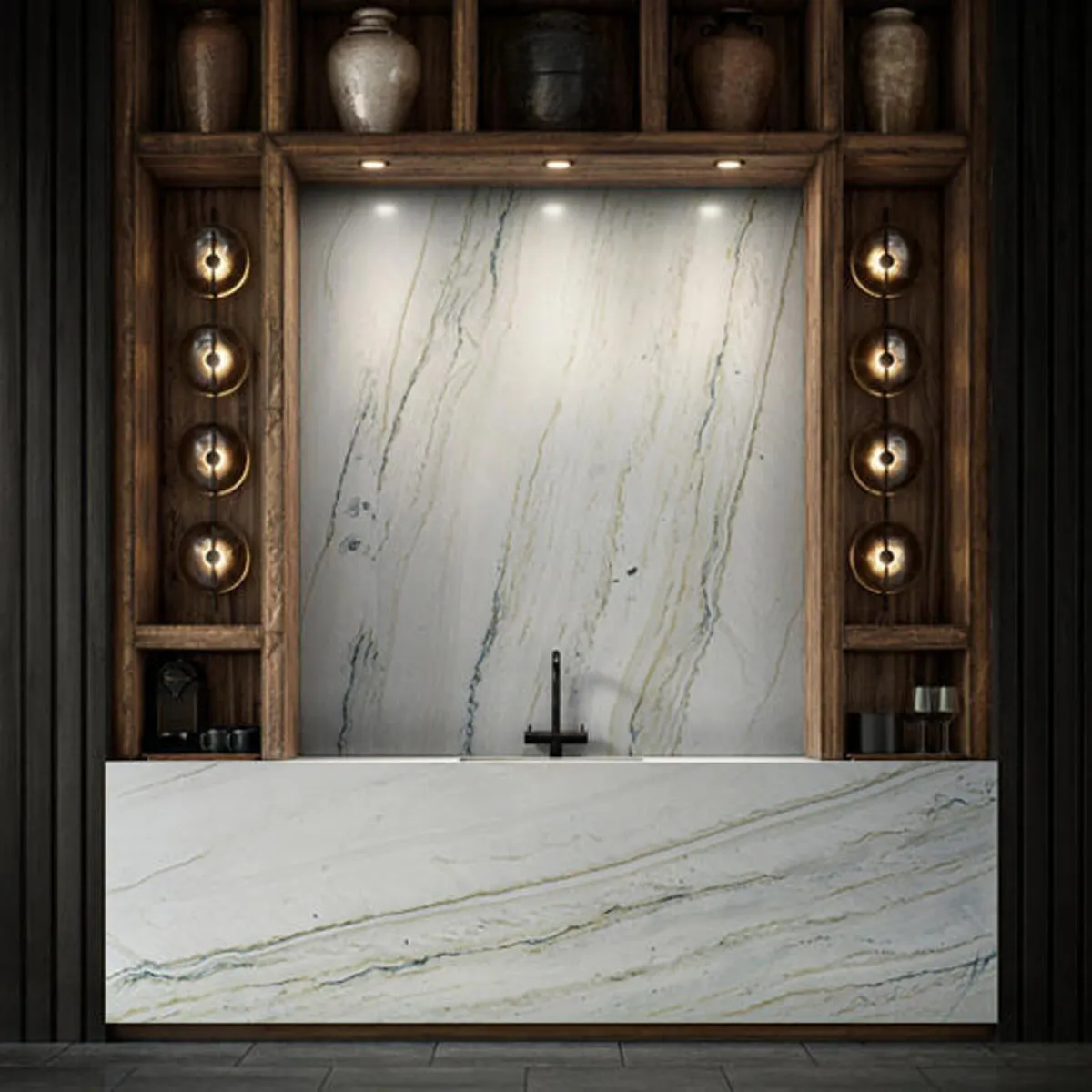 Image of installed Sereno Cream Quartzite countertops