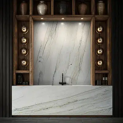 Image of installed Sereno Cream Quartzite countertops