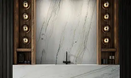 Image of installed Sereno Cream Quartzite countertops