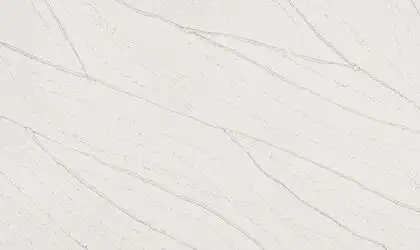 Closeup image of ONE Quartz Surfaces Telluride White Quartz countertop slab