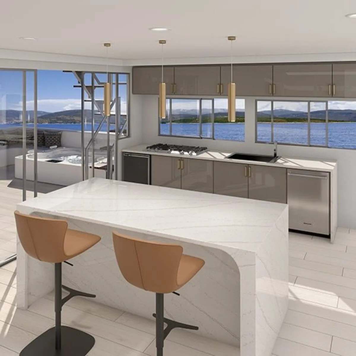 Image of installed ONE Quartz Surfaces Telluride White Quartz countertops