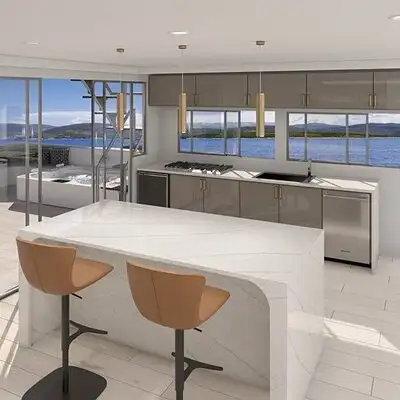 Image of installed ONE Quartz Surfaces Telluride White Quartz countertops