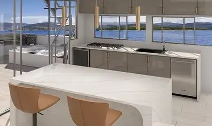 Image of installed ONE Quartz Surfaces Telluride White Quartz countertops