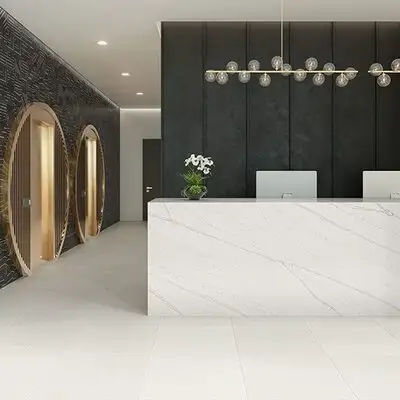 Image of installed ONE Quartz Surfaces Telluride White Quartz countertops