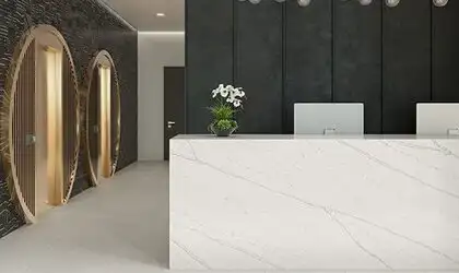 Image of installed ONE Quartz Surfaces Telluride White Quartz countertops