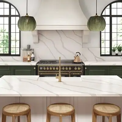 Image of installed ONE Quartz Surfaces Statuary Unity White Quartz countertops