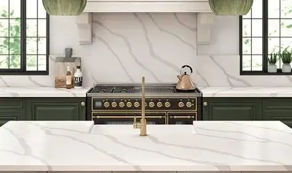 Image of installed ONE Quartz Surfaces Statuary Unity White Quartz countertops