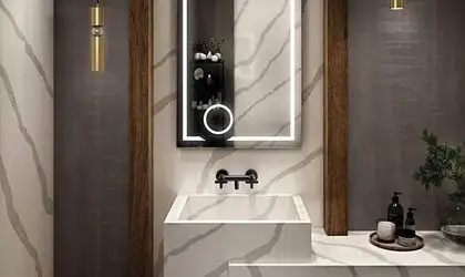 Image of installed ONE Quartz Surfaces Statuary Unity White Quartz countertops