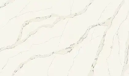 Image of installed ONE Quartz Surfaces Calacatta Aurora White Quartz countertops