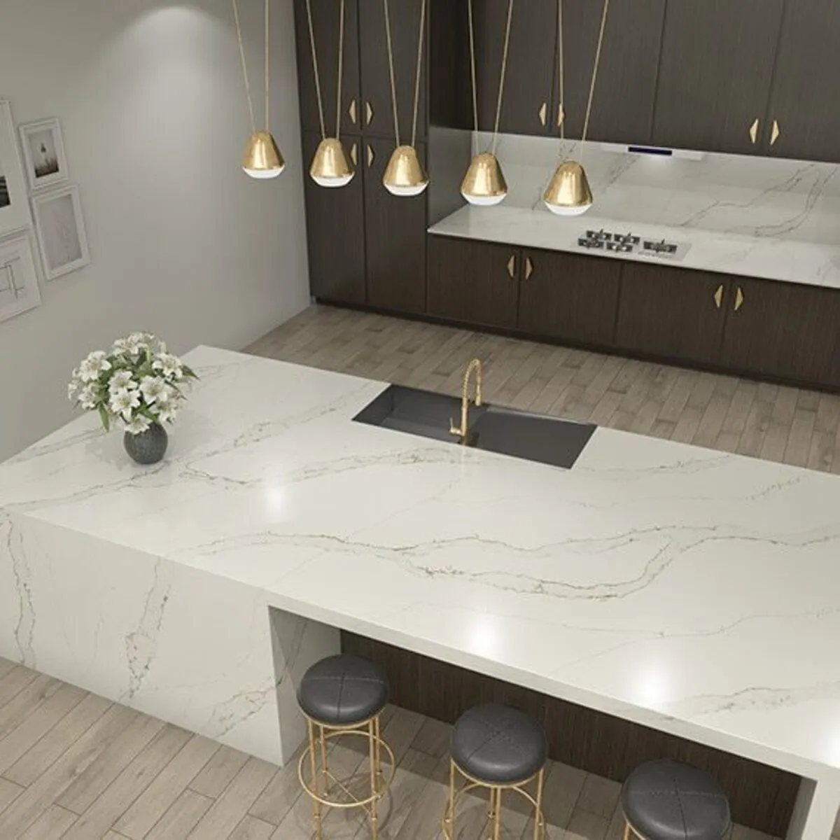 Image of installed ONE Quartz Surfaces Calacatta Aurora White Quartz countertops