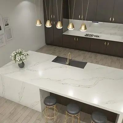 Image of installed ONE Quartz Surfaces Calacatta Aurora White Quartz countertops