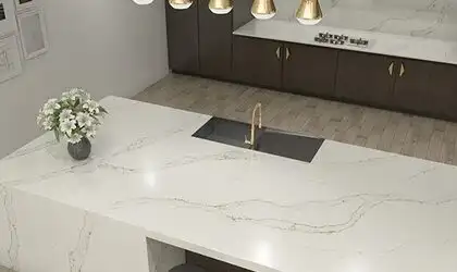 Image of installed ONE Quartz Surfaces Calacatta Aurora White Quartz countertops