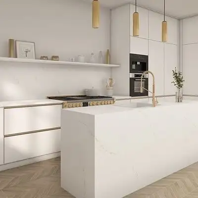 Image of installed ONE Quartz Surfaces Calacatta Alabaster Cream Quartz countertops