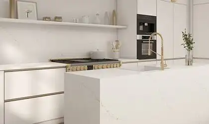 Image of installed ONE Quartz Surfaces Calacatta Alabaster Cream Quartz countertops