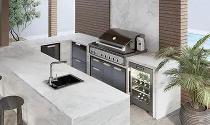 Image of installed White Pearl White Quartzite countertops