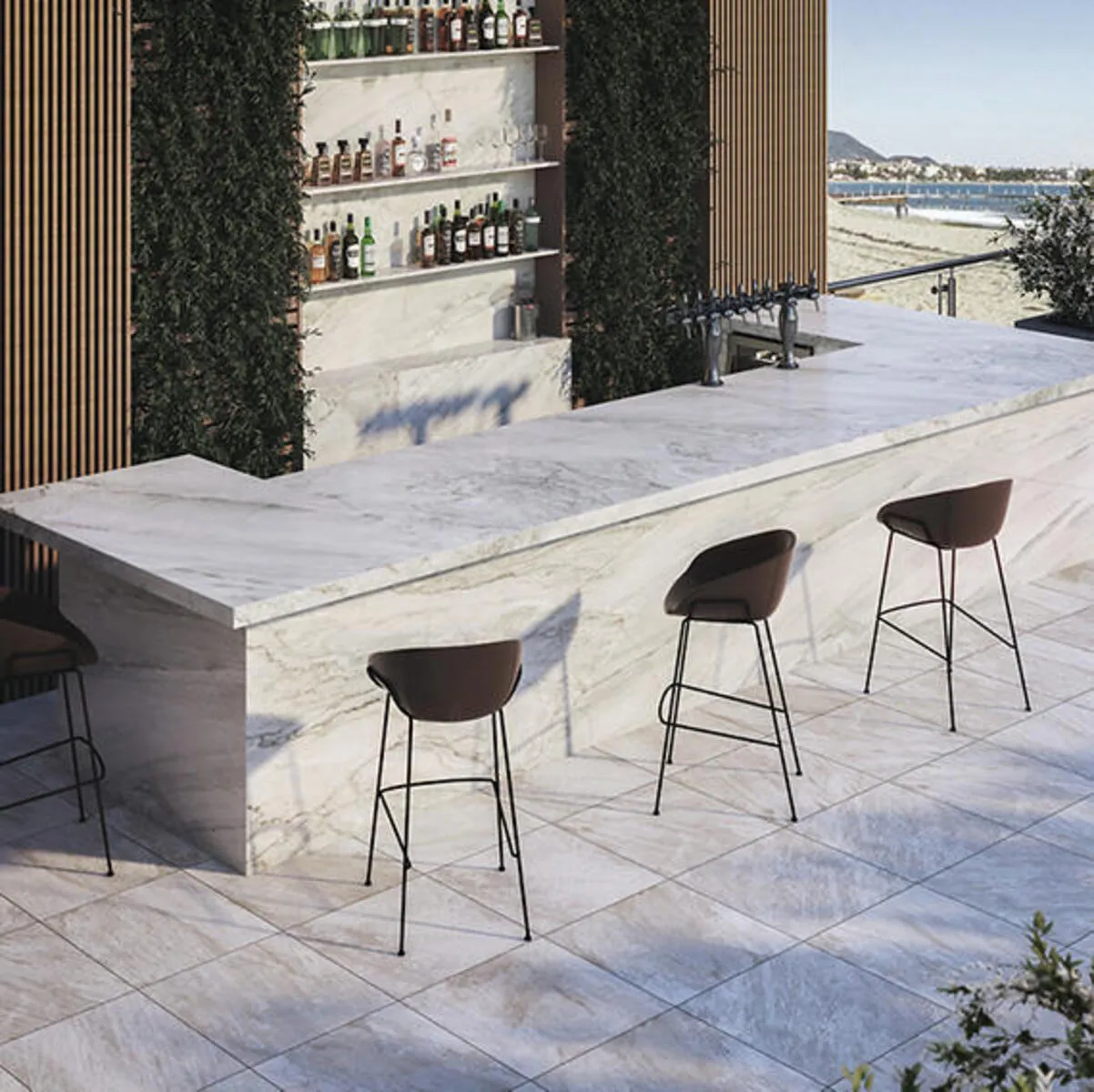 Image of installed White Pearl White Quartzite countertops
