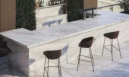 Image of installed White Pearl White Quartzite countertops