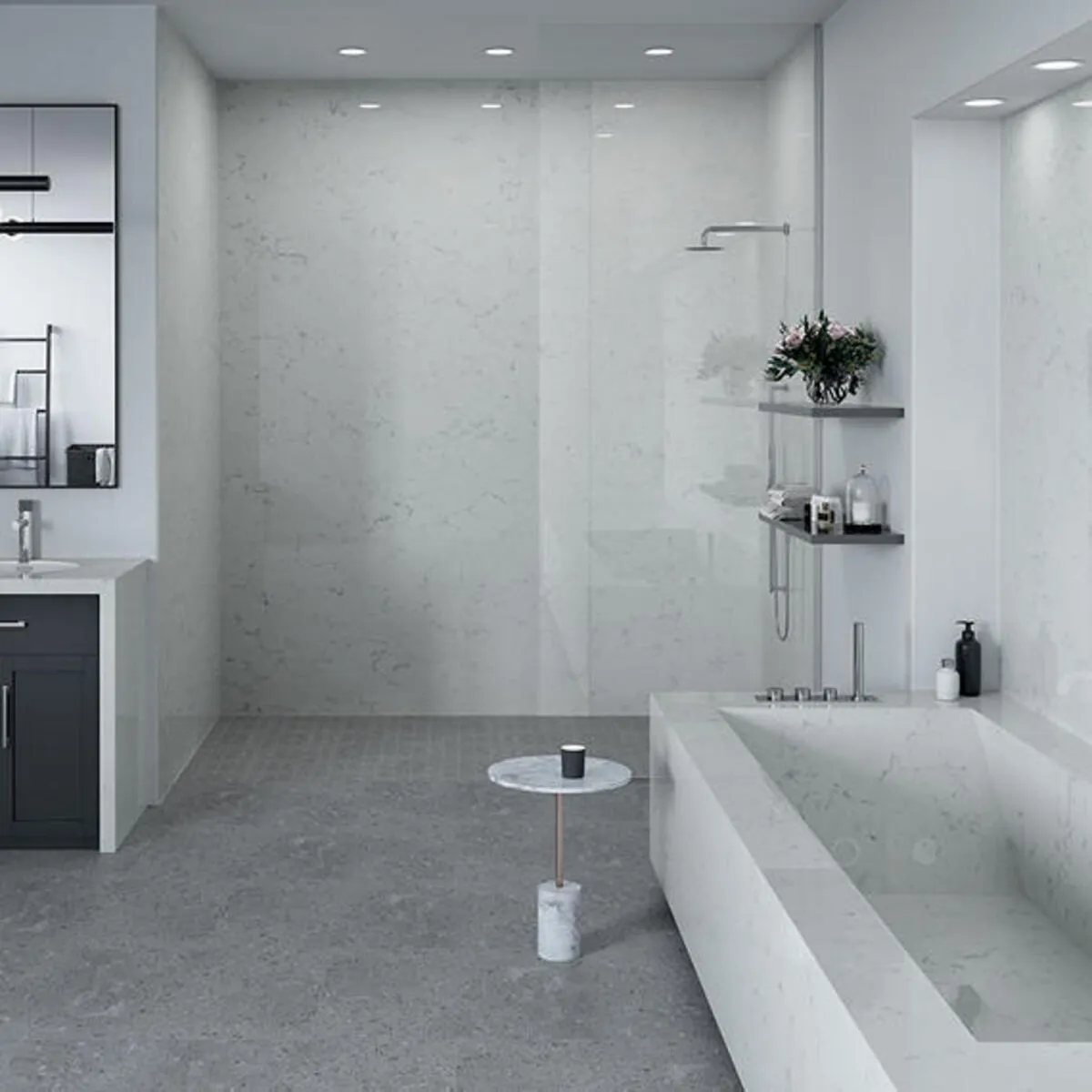 Image of installed ONE Quartz Surfaces Rocky Mountain Cream Quartz countertops