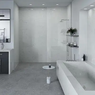 Image of installed ONE Quartz Surfaces Rocky Mountain Cream Quartz countertops
