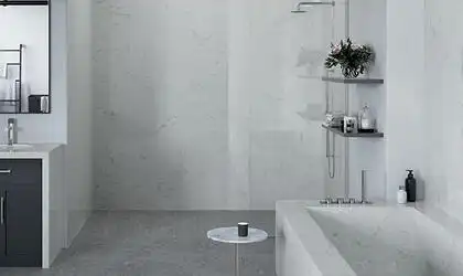 Image of installed ONE Quartz Surfaces Rocky Mountain Cream Quartz countertops