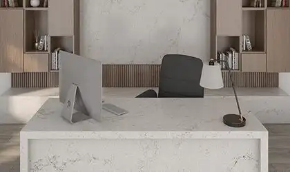 Image of installed ONE Quartz Surfaces Calacatta Odyssey Cream Quartz countertops