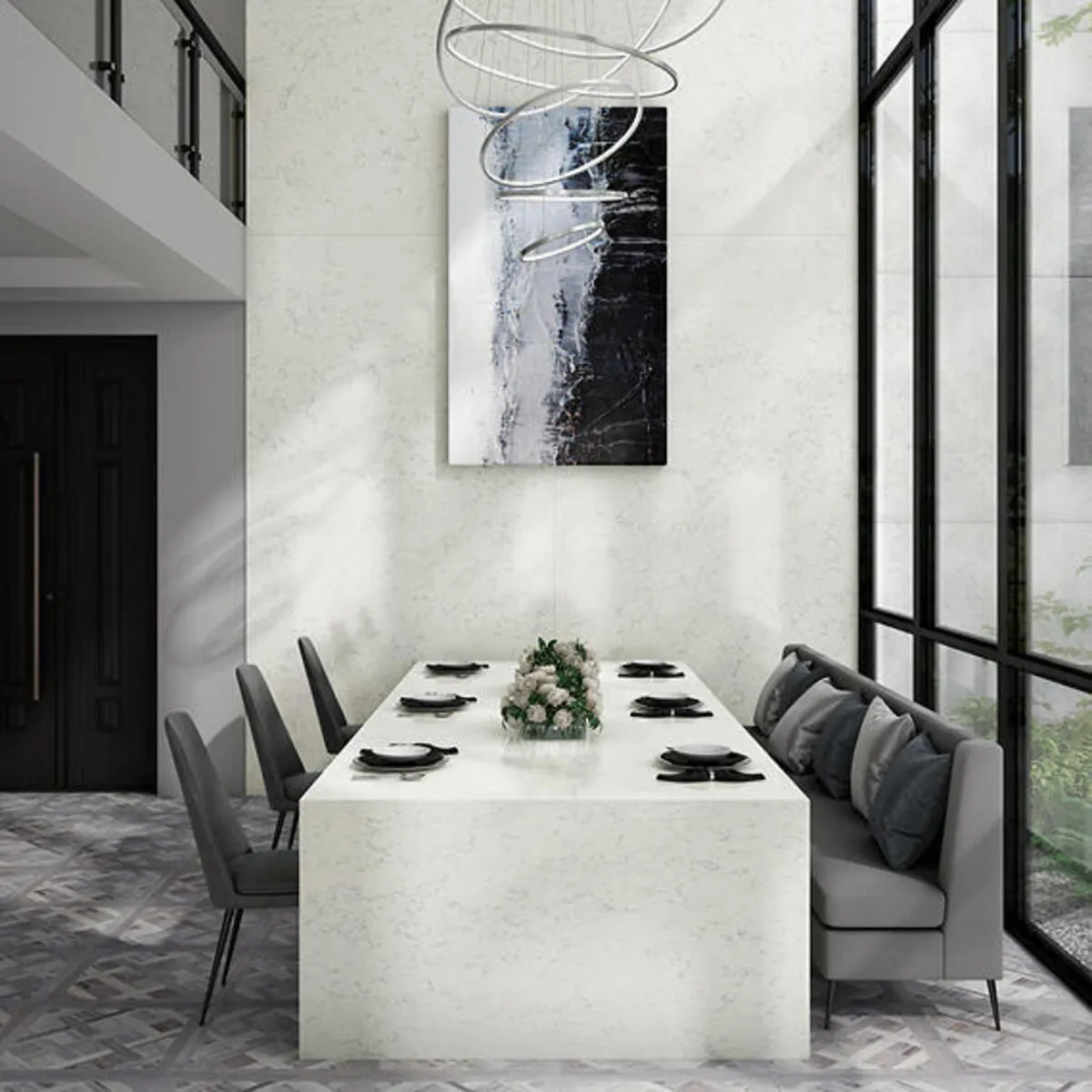 Image of installed ONE Quartz Surfaces Arches White Quartz countertops