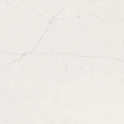 Closeup image of ONE Quartz Surfaces Valor White White Quartz countertop slab