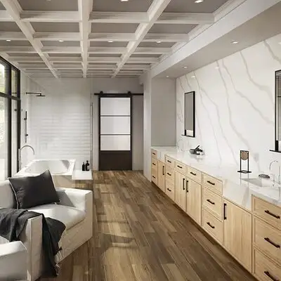 Image of installed ONE Quartz Surfaces Statuary Glory Cream Quartz countertops
