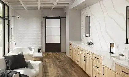 Image of installed ONE Quartz Surfaces Statuary Glory Cream Quartz countertops