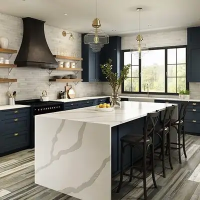 Image of installed ONE Quartz Surfaces Statuary Glory Cream Quartz countertops