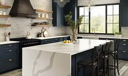 Image of installed ONE Quartz Surfaces Statuary Glory Cream Quartz countertops