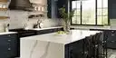 Image of installed ONE Quartz Surfaces Statuary Glory Cream Quartz countertops