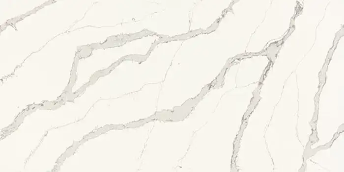 Image of installed ONE Quartz Surfaces Calacatta Wisteria White Quartz countertops