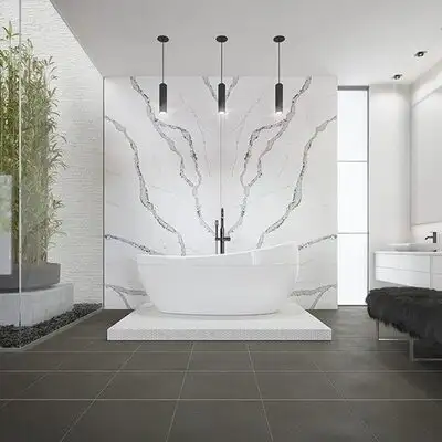 Image of installed ONE Quartz Surfaces Calacatta Wisteria White Quartz countertops