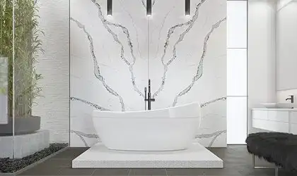 Image of installed ONE Quartz Surfaces Calacatta Wisteria White Quartz countertops