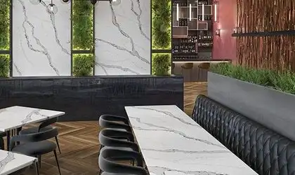 Image of installed ONE Quartz Surfaces Calacatta Wisteria White Quartz countertops