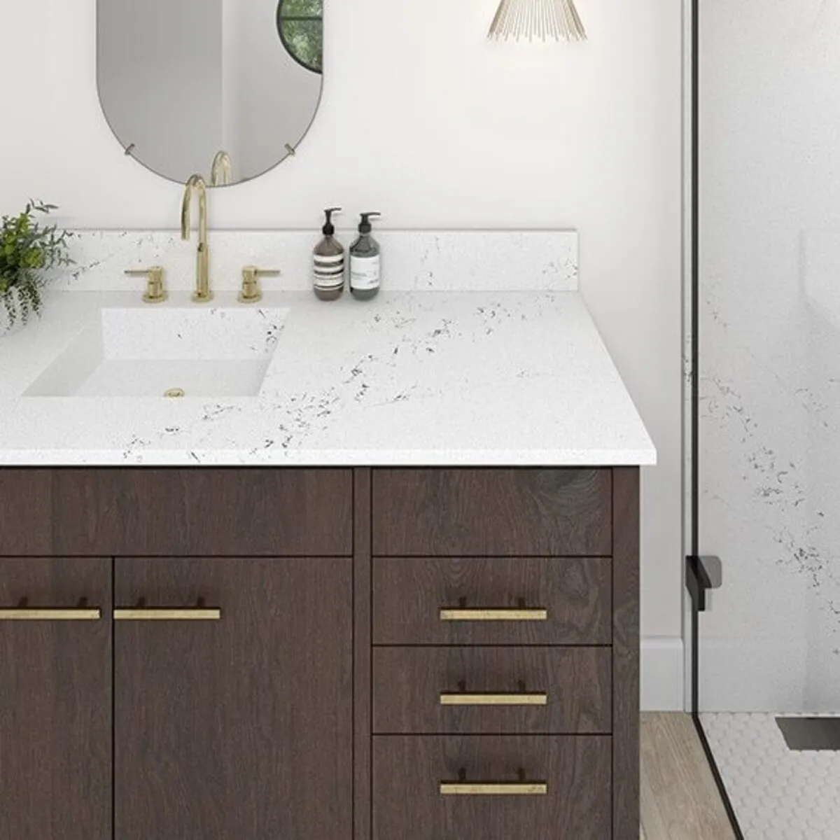 Image of installed ONE Quartz Surfaces Calacatta Villa Cream Quartz countertops
