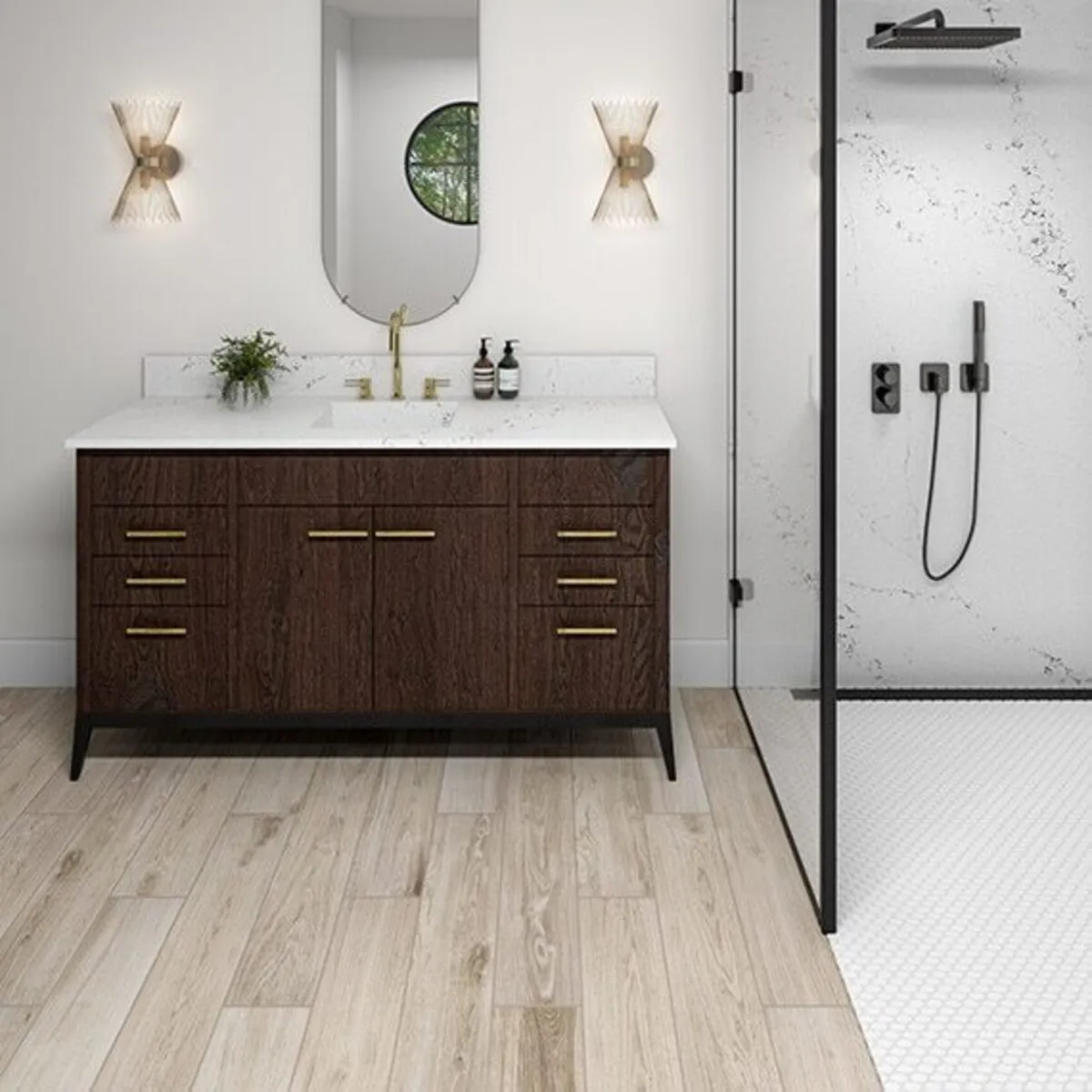 Image of installed ONE Quartz Surfaces Calacatta Villa Cream Quartz countertops