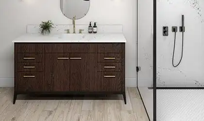 Image of installed ONE Quartz Surfaces Calacatta Villa Cream Quartz countertops