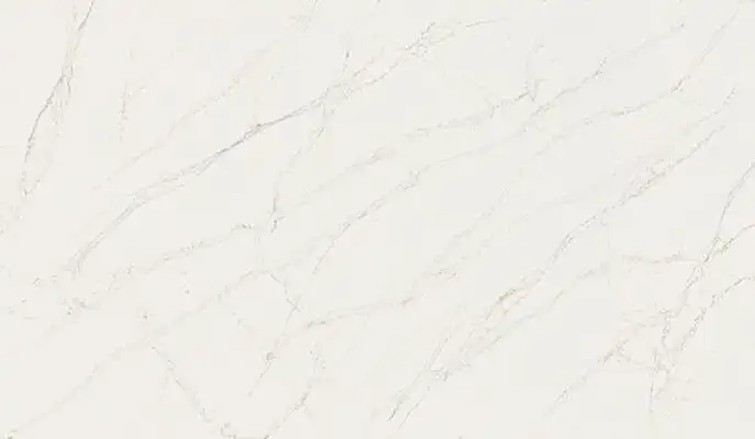 Closeup image of ONE Quartz Surfaces Calacatta Cathedral White Quartz countertop slab