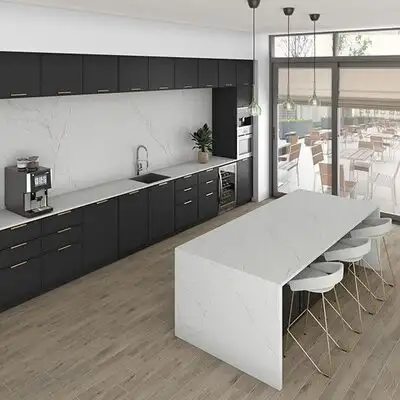 Image of installed ONE Quartz Surfaces Calacatta Cathedral White Quartz countertops